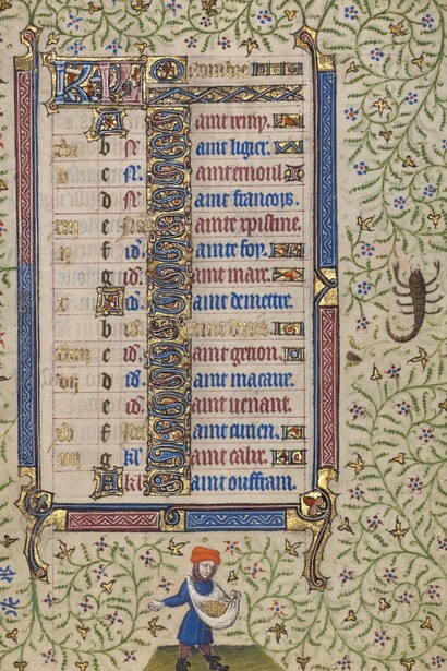"Pagina del calendario per ottobre; Semina; Scorpione". Seguace del Maestro Egerton (francese, olandese, attivo dal 1405 al 1420 circa). Dal "Libro delle Ore", conservato al Getty Museum, Los Angeles, USA
