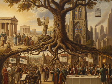 Artwork visualizing the historical path of liberty: starting with Socrates and Sinai, moving through Cathedrals and Scriptures, and ending in the modern cityscape