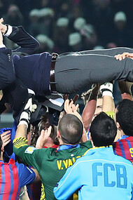 FC Barcelona's 2011 Team of the Year celebrates with Pep Guardiola lifted in the air