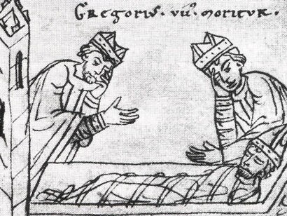 Immagine tratta da un manoscritto del XII secolo nell Cronache di Ottone da Frisinga "Gesta Friderici imperatoris", rappresenta  morte di Gregorio VII
