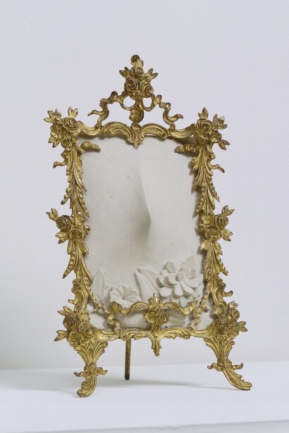Meret Oppenheim, Miss Gardenia, 1962; plaster in metal frame with metallic paint; 10 5/8 x 6 1/2 x 4 1/4 in. (26.99 x 16.51 x 10.8 cm); Collection SFMOMA, Helen Crocker Russell Memorial Fund purchase; © Artists Rights Society (ARS), New York / ProLitteris, Zürich, photo: Ben Blackwell