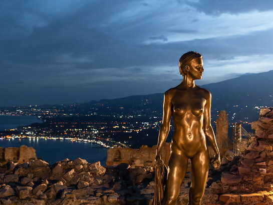 Gesti Scolpiti at the Teatro Antico di Taormina in Taormina, Italy transforms ancient stone into a dialogue between memory, gesture, and contemporary resistance