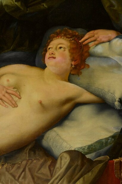 "Danae siendo preparada para recibir a Júpiter", óleo sobre madera, Gillis Coignet, entre 1570 y 1599