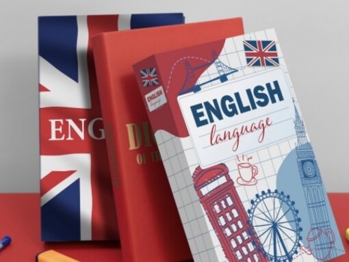 A closer view of English books showcasing popular landmarks in London, United Kingdom 
