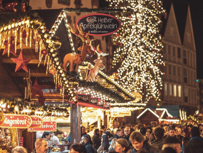 Christmas lights strung across a winter market in Germany, representing the courage it took to return to a land once associated with pain