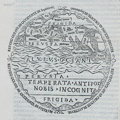 Ambrosius Macrobius Theodosius, Mappa del mondo pubblicata in Commento al sogno di Scipione, tra il 1483 e il 1501