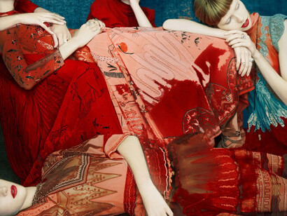 Erik Madigan Heck, Valentino laid down, The tapestry (detail), 2024. Courtesy of Jackson Fine Art 