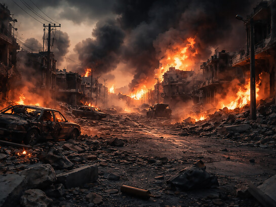 A devastated cityscape consumed by fire and destruction evokes the human cost and far-reaching consequences of modern war, where conflicts risk spiraling into prolonged devastation far beyond the battlefield