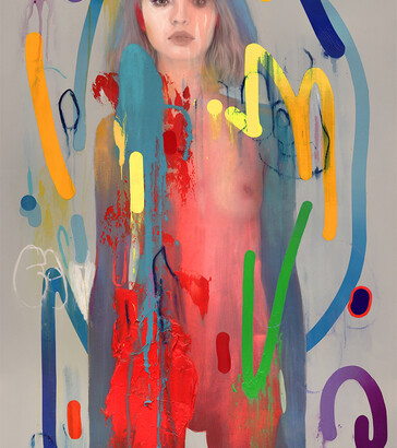 Erik Jones, Royal-Crayons, 24x36 inch, 61x91cm. Watercolor, colored pencil, water-soluble wax pastel, acrylic on Rives bfk paper mounted to panel