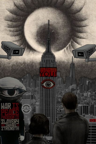 Poster-style illustration of George Orwell’s 1984 depicting a watchful eye and dystopian city under surveillance