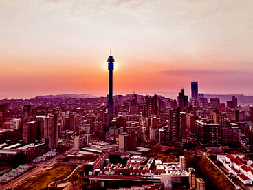 Johannesburg sunset cityscape, business district skyline, South Africa
