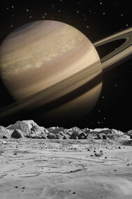 Gazing from the lunar surface, one is treated to a spectacular vista of Saturn, a celestial marvel suspended in the cosmic tapestry, offering a truly awe-inspiring spectacle