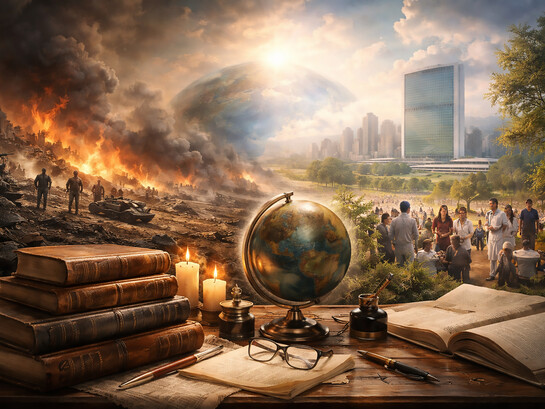 A fragile world stands between destruction and hope—war and peace divided by the guiding light of knowledge, philosophy, and human responsibility