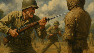 Infantrymen advance during close-quarters combat, one soldier lunging forward with a bayonet as others move in behind him under open daylight, capturing the raw intensity of battlefield fighting