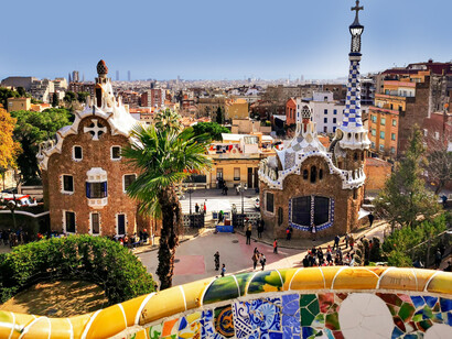 The colorful mosaic benches of Park Güell, one of Barcelona’s most famous landmarks in Catalonia, Spain