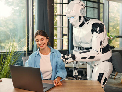 A woman and a robot collaborating on a laptop in an office setting, symbolizing the interaction between humans and artificial intelligence