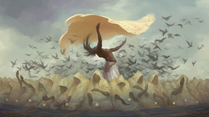 Painting of a male figure performing a ritual dance with crows, wearing a cloak