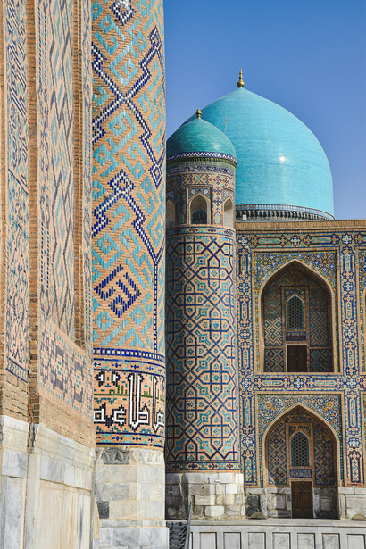 Registan Square in Samarkand, Uzbekistan, showcasing the richly decorated facades of its iconic Islamic madrasas