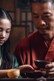 A Chinese man and his child are happily sitting together, preparing tea