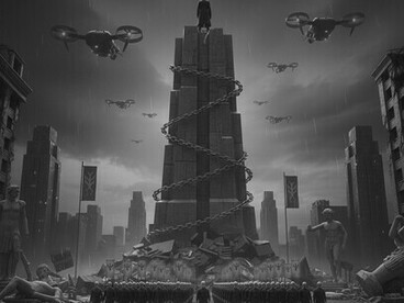 Estruturas imponentes de controle, acorrentadas, supervisionam uma sociedade meticulosamente organizada. Drones patrulham uma paisagem desolada, simbolizando a vigilância onipresente inerente aos regimes autoritários em ascensão