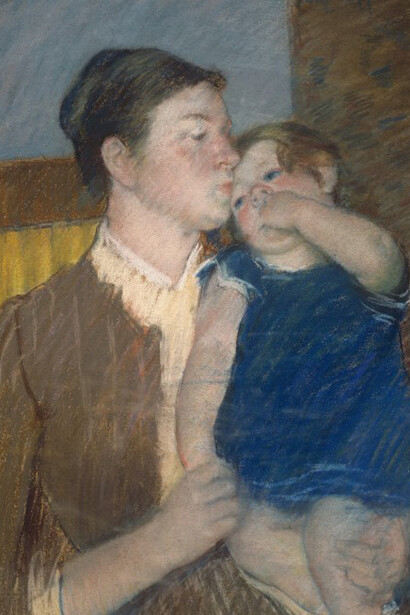Artist Mary Cassatt Title Mother's Goodnight Kiss Place United States, date 1888 Medium Pastel on blue-gray wove paper (faded to tan), mounted on canvas, on a strainer