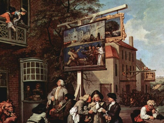 "Buscando votos", óleo sobre lienzo, William Hogarth, 1754-1755