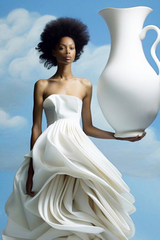 A fashion designer incorporating AI technology into her creative process, crafting innovative, AI-generated clothing that redefines the boundaries of high fashion