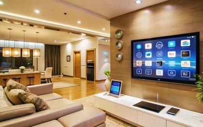 A high-tech living room where digital interfaces regulate lighting, entertainment, and climate, conveying the future of residential design