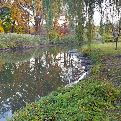 The Pocantico River just above its mouth, as it flows past DeVries Park in the village of Sleepy Hollow, NY, USA