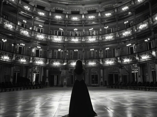 A woman in a round hall, reminding how acoustics and design work in harmony