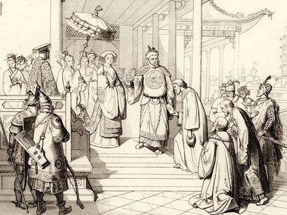 Nicolo Matteo y Marco Polo abandonan la corte de Cubilai para regresar a su patria. Ilustración de Giuseppe Gatteri (1863)