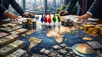 A conference table layered with maps, currency, and technology components reflects the shifting landscape of global power and trad