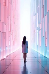 A woman standing at the centre of an illuminated passage, illustrating the quiet fear of moving forward without certainty