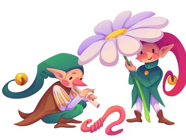 Illustrazione di due elfi-folletti: "...sempre più affascinata dalla storia della nonna Melania, che raccontava di un piatto con al centro un piccolo folletto dipinto che si muoveva, sorrideva e parlava"