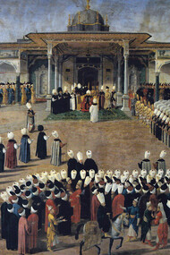 Sultan Selim III holding an audience in front of the Gate of Felicity, with courtiers assembled in strict protocol. Oil on canvas. Topkapı Palace Museum, Istanbul (Inv. 17/163), Turkey