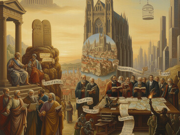 An intricate scene connecting ancient philosophy, divine covenant, medieval faith, and the rise of the nation-state, all centered around a tree of historical evolution