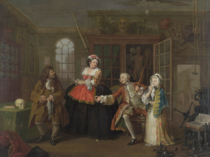 The Inspection by William Hogarth is an oil painting on canvas, measuring 69.9 x 90.8 cm