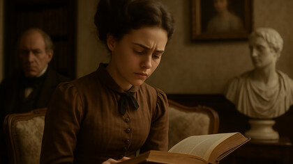 A young woman studies in a Victorian room, caught between the weight of facts and the quiet stirrings of imagination