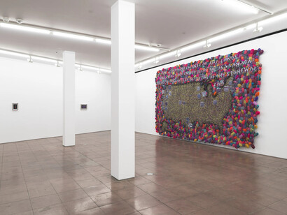 LJ Roberts, The queer mechanix of the lands currently referred to as the U.S. & Canada before & during the 54th year of the stonewall era, exhibition view. Courtesy of Hales Gallery