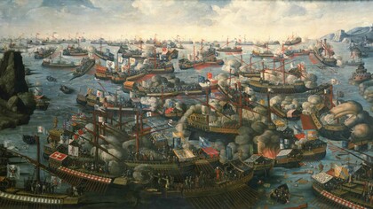 A Batalha de Lepanto, de 7 de outubro de 1571, um confronto naval entre as forças cristãs aliadas e os turcos otomanos. A pintura é quase contemporânea, mas apresenta uma "interpretação imaginativa" da batalha. Parece ser baseada em uma gravura veneziana de Martin Rota, datada de 1572