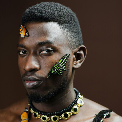 Una alegoría ambiental que representa a un hombre sin camisa y mariposas en coexistencia pacífica, reflejando la frágil pero sagrada conexión de la humanidad con el mundo natural.