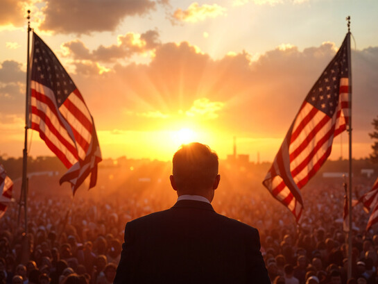 An American political leader stands in front of his supporters