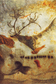 Treze bolinhas com um quadrado vazio simbolizando a Lua Nova numa parede da gruta de Lascaux 