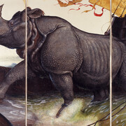 Walton Ford, Loss of the Lisbon Rhinoceros, 2008, signed with artist's initials `W.F.' (lower right corner of right panel), watercolor, gouache, pencil, and ink on paper. Panel 1 framed: 98 1/4 x 42 3/4 inches; 249.6 x 108.6 cm. Panel 2 framed: 98 1/4 x 62 3/4 inches; 249.6 x 159.4 cm. Panel 3 framed: 98 1/4 x 42 3/4 inches; 249.6 x 108.6 cm. Sotheby’s + Paul Kasmin Gallery , Naturalia: Scenes from the Underbrush, 19 January – 4 March 2017

