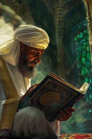 An illustration of Imam al-Bukhari, the renowned Islamic scholar, depicted with his scholarly attire, deeply immersed in the study and compilation of hadiths