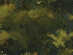 Camille Pisarro, "Paisaje con mujeres bajo un gran árbol", óleo sobre madera, 1854-55