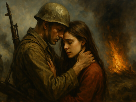 Love and war intertwined — a soldier’s embrace amidst the ruins of battle