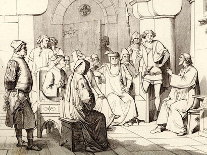 Marco Polo, en las cárceles de Génova, relata sus viajes y aventuras. Ilustración de Giuseppe Gatteri (1863)