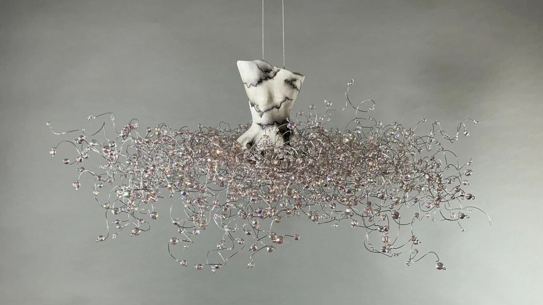 Estella Fransbergen, Horse hair finish clay torso w/ pink glass: suspended shorti (detail). Courtesy of Bonner David Gallery