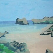 Jano Barroso. Playa onírica tras las rocas. 2015. Óleo sobre lienzo. 29,8 x 44,6 cm